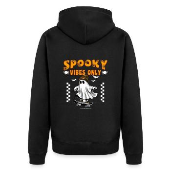 Halloween Kostüm Kinder SPOOKY VIBES ONLY Lustig - Unisex Premium Bio Zip Hoodie - Schwarz - Hinten - Nico (187cm)