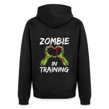 Halloween Kostüm Kinder ZOMBIE IN AUSBILDUNG - Unisex Premium Bio Zip Hoodie - Schwarz - Hinten - Nico (187cm)