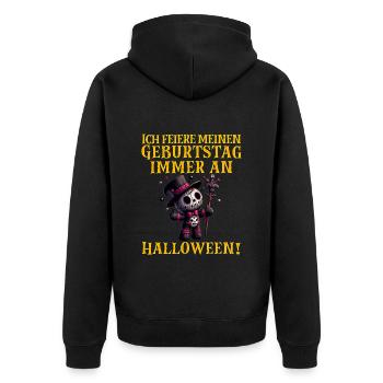 Halloween ICH FEIER MEINEN GEBURTSTAG IMMER AN - Unisex Premium Bio Zip Hoodie - Schwarz - Hinten - Nico (187cm)