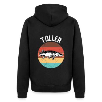 Angler Outfit TOLLER HECHT Lustiges Angeln Hobby - Unisex Premium Bio Zip Hoodie - Schwarz - Hinten - Nico (187cm)