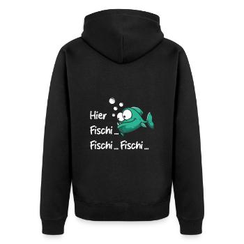 Angeln HIER FISCHI FISCHI FISCHI... Lustig Angler - Unisex Premium Bio Zip Hoodie - Schwarz - Hinten - Nico (187cm)