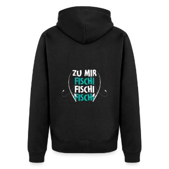Angler Outfit ZU MIR FISCHI FISCHI FISCHI Lustiges - Unisex Premium Bio Zip Hoodie - Schwarz - Hinten - Nico (187cm)