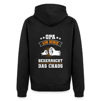 OPA EIN GENIE BEHERRSCHT DAS CHAOS Lustiges - Unisex Premium Bio Zip Hoodie - Schwarz - Hinten - Nico (187cm)