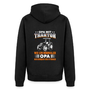 OPA MIT TRAKTOR WIE EIN NORMALER OPA NUR COOLER - Unisex Premium Bio Zip Hoodie - Schwarz - Hinten - Nico (187cm)