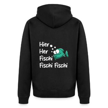 Angeln HIER HER FISCHI FISCHI FISCHI Lustiges - Unisex Premium Bio Zip Hoodie - Schwarz - Hinten - Nico (187cm)