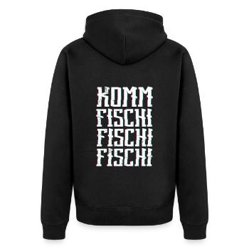 Angler KOMM FISCHI FISCHI FISCHI Lustiges Angeln - Unisex Premium Bio Zip Hoodie - Schwarz - Hinten - Nico (187cm)