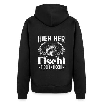 Angeln HIER HER FISCHI FISCHI FISCHI Lustiges - Unisex Premium Bio Zip Hoodie - Schwarz - Hinten - Nico (187cm)