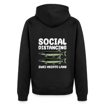 Hecht Angler SOCIAL DISTANCING ZWEI HECHTE LANG - Unisex Premium Bio Zip Hoodie - Schwarz - Hinten - Nico (187cm)