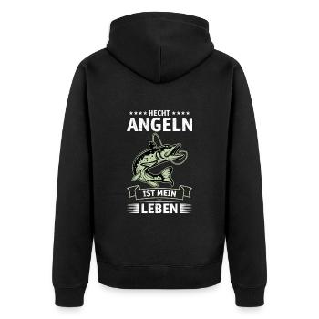 HECHT ANGELN IST MEIN LEBEN Angler Outfit Hecht - Unisex Premium Bio Zip Hoodie - Schwarz - Hinten - Nico (187cm)