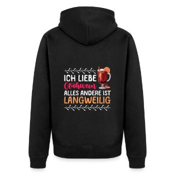 Glühwein LIEBE GLÜHWEIN ALLES ANDERE IS LANGWEILIG - Unisex Premium Bio Zip Hoodie - Schwarz - Hinten - Nico (187cm)
