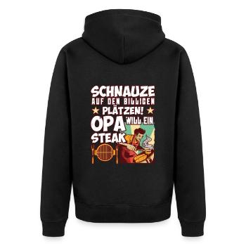 Opi SCHNAUZE AUF DEN BILLIGEN PLÄTZEN OPA WILL - Unisex Premium Bio Zip Hoodie - Schwarz - Hinten - Nico (187cm)
