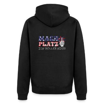 Feuerwerk MACH PLATZ ICH BÖLLER HIER! Lustiges - Unisex Premium Bio Zip Hoodie - Schwarz - Hinten - Nico (187cm)