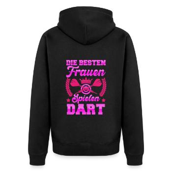 Dartspielerin DIE BESTEN FRAUEN SPIELEN DART - Unisex Premium Bio Zip Hoodie - Schwarz - Hinten - Nico (187cm)