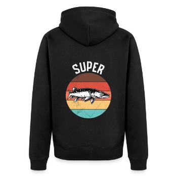 Hecht Angler Outfit SUPER HECHT Lustiges Angeln - Unisex Premium Bio Zip Hoodie - Schwarz - Hinten - Nico (187cm)