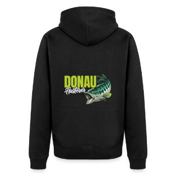 DONAU FLÜSTERER Angler Outfit Angeln Hobby - Unisex Premium Bio Zip Hoodie - Schwarz - Hinten - Nico (187cm)