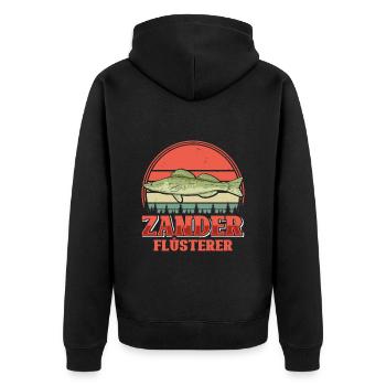 ZANDER FLÜSTERER Angler Outfit Angeln Hobby - Unisex Premium Bio Zip Hoodie - Schwarz - Hinten - Nico (187cm)