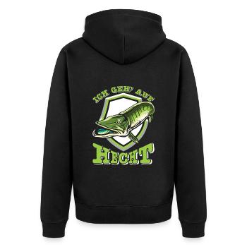 Angler Outfit ICH GEH AUF HECHT Lustiges Angeln - Unisex Premium Bio Zip Hoodie - Schwarz - Hinten - Nico (187cm)