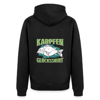 Angler Outfiit KARPFEN GLÜCKSSHIRT Lustiges - Unisex Premium Bio Zip Hoodie - Schwarz - Hinten - Nico (187cm)