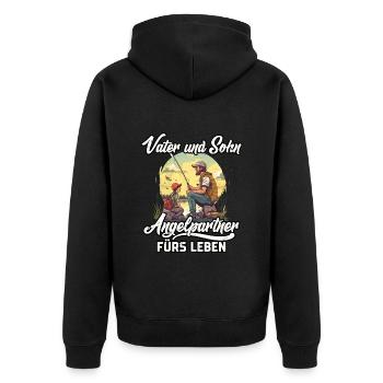 SOHN UND VATER ANGELTEAM FÜRS LEBEN Angeln Hobby - Unisex Premium Bio Zip Hoodie - Schwarz - Hinten - Nico (187cm)