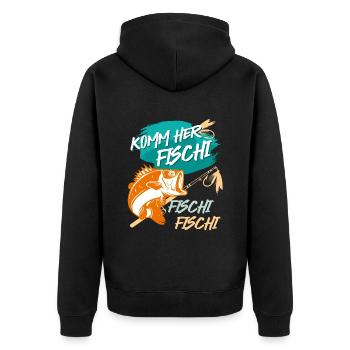 Angler KOMM HER FISCHI FISCHI FISCHI Lustiges - Unisex Premium Bio Zip Hoodie - Schwarz - Hinten - Nico (187cm)