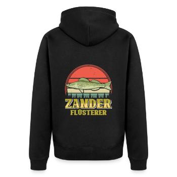 ZANDER FLÜSTERER Angler Outfit Angeln Hobby - Unisex Premium Bio Zip Hoodie - Schwarz - Hinten - Nico (187cm)
