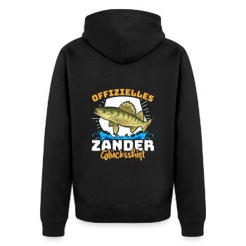 Zander Angeln OFFIZIELLES ZANDER GLÜCKSSHIRT - Unisex Premium Bio Zip Hoodie - Schwarz - Hinten - Nico (187cm)