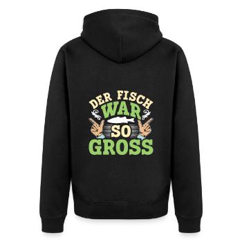 Angler Outfit Lustig DER FISCH WAR SO GROß Angeln - Unisex Premium Bio Zip Hoodie - Schwarz - Hinten - Nico (187cm)