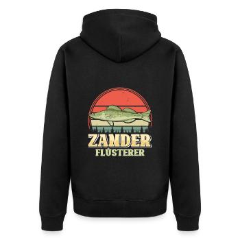 ZANDER FLÜSTERER Angler Outfit Angeln Hobby - Unisex Premium Bio Zip Hoodie - Schwarz - Hinten - Nico (187cm)