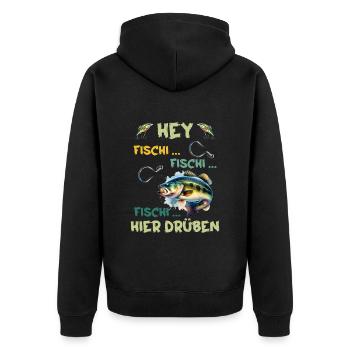 Angler HEY FISCHI FISCHI FISCHI HIER DRÜBEN - Unisex Premium Bio Zip Hoodie - Schwarz - Hinten - Nico (187cm)