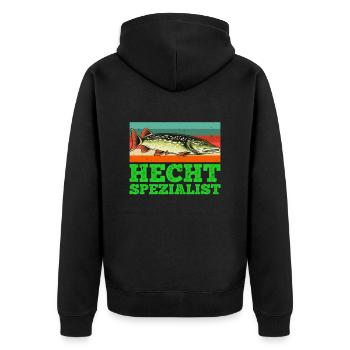 HECHT SPEZIALIST Lustiges Angler Outfit Hecht - Unisex Premium Bio Zip Hoodie - Schwarz - Hinten - Nico (187cm)