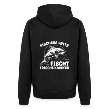 Angler FISCHERS FRITZE FISCHT FRISCHE KARPFEN - Unisex Premium Bio Zip Hoodie - Schwarz - Hinten - Nico (187cm)