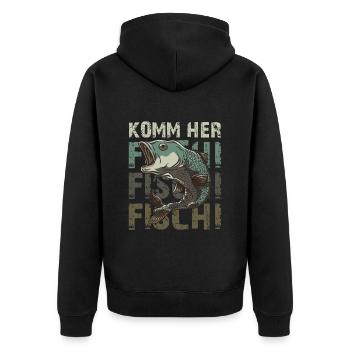 Angler KOMM HER FISCHI FISCHI FISCHI Lustiges - Unisex Premium Bio Zip Hoodie - Schwarz - Hinten - Nico (187cm)