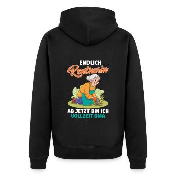 Oma ENDLICH RENTNERIN JETZT BIN ICH VOLLZEIT OMA - Unisex Premium Bio Zip Hoodie - Schwarz - Hinten - Nico (187cm)