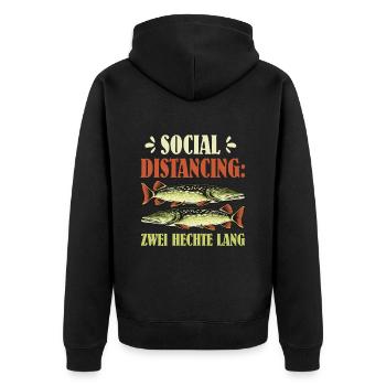 SOCIAL DISTANCING ZWEI HECHTE LANG Lustiges - Unisex Premium Bio Zip Hoodie - Schwarz - Hinten - Nico (187cm)