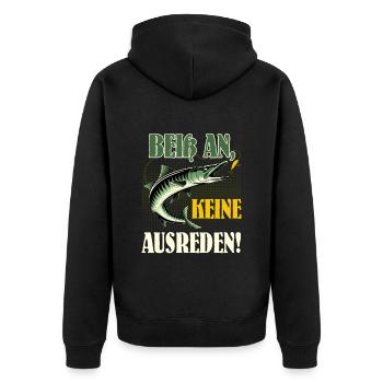 Angler BEISS AN KEINE AUSREDEN! Lustiges Hecht - Unisex Premium Bio Zip Hoodie - Schwarz - Hinten - Nico (187cm)