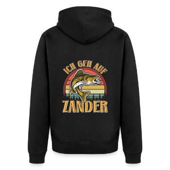 Angler Outfit ICH GEH AUF ZANDER Lustiges Angler - Unisex Premium Bio Zip Hoodie - Schwarz - Hinten - Nico (187cm)