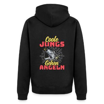 Angler Outfit COOLE JUNGS GEHEN ANGELN Lustiges - Unisex Premium Bio Zip Hoodie - Schwarz - Hinten - Nico (187cm)