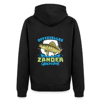 Zander Angeln OFFIZIELLES ZANDER GLÜCKSSHIRT - Unisex Premium Bio Zip Hoodie - Schwarz - Hinten - Nico (187cm)