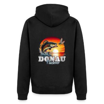 DONAU FLÜSTERER Angler Outfit Angeln Hobby - Unisex Premium Bio Zip Hoodie - Schwarz - Hinten - Nico (187cm)