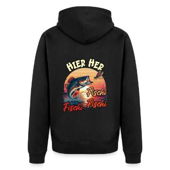 Angler HIER HER FISCHI FISCHI FISCHI Lustiges - Unisex Premium Bio Zip Hoodie - Schwarz - Hinten - Nico (187cm)