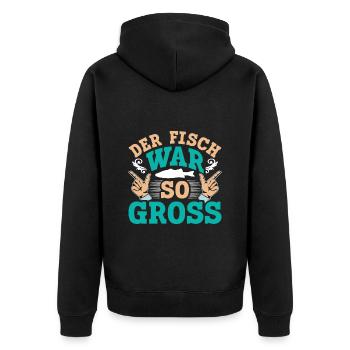 Angler Outfit Lustig DER FISCH WAR SO GROß Angeln - Unisex Premium Bio Zip Hoodie - Schwarz - Hinten - Nico (187cm)