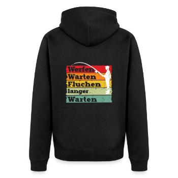 Angler Outfit WERFEN WARTEN KURBELN NOCHMAL Lustig - Unisex Premium Bio Zip Hoodie - Schwarz - Hinten - Nico (187cm)
