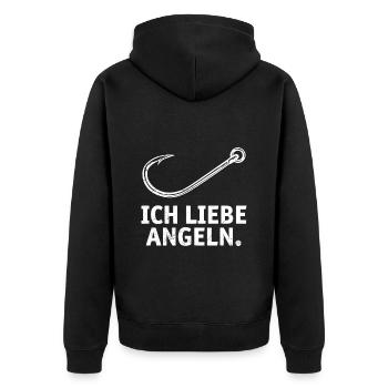 Angler Outfit ICH LIEBE ANGELN Lustiges Angeln - Unisex Premium Bio Zip Hoodie - Schwarz - Hinten - Nico (187cm)