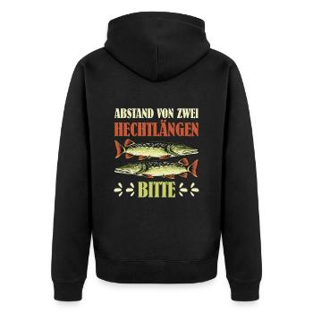 Hecht Angler ABSTAND VON ZWEI HECHTLÄNGEN BITTE - Unisex Premium Bio Zip Hoodie - Schwarz - Hinten - Nico (187cm)