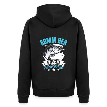 Angler KOMM HER FISCHI FISCHI FISCHI Lustiges - Unisex Premium Bio Zip Hoodie - Schwarz - Hinten - Nico (187cm)