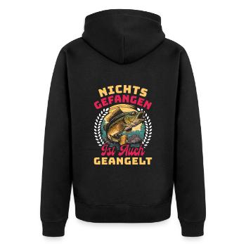 Angler Outfit NICHTS GEFANGEN IST AUCH GEANGELT - Unisex Premium Bio Zip Hoodie - Schwarz - Hinten - Nico (187cm)
