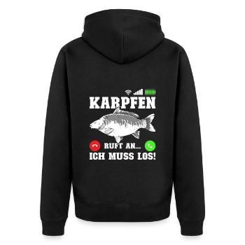 Angler KARPFEN RUFT AN MUSS LOS! Lustiges Karpfen - Unisex Premium Bio Zip Hoodie - Schwarz - Hinten - Nico (187cm)