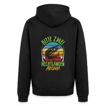 Angler Outfit BITTE ZWEI HECHTLÄNGEN ABSTAND - Unisex Premium Bio Zip Hoodie - Schwarz - Hinten - Nico (187cm)