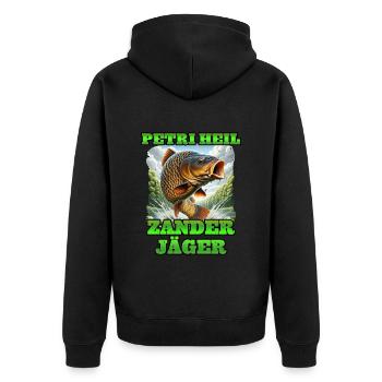 Zander Angeln PETRI HEIL ZANDER JÄGER Lustiges - Unisex Premium Bio Zip Hoodie - Schwarz - Hinten - Nico (187cm)