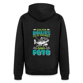Angler Outfit GIB MIR BOILIES UND DU BEKOMMST FOTO - Unisex Premium Bio Zip Hoodie - Schwarz - Hinten - Nico (187cm)